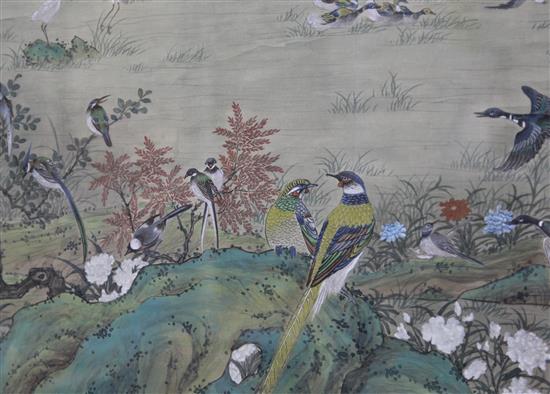 A large Chinese painting on silk in the hundred bird design, 20th century, 54 x 124cm excl. brocade covered frame